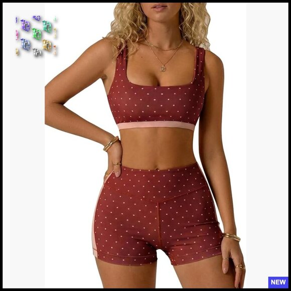 Tops - Polka Dot Workout Set 2 Piece Yoga Outfit Bra Tank High Waisted Shorts